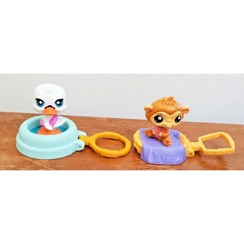 Littlest Pet Shop McDonald's Toy Figures 2 Swan Monkey Bobble Heads Bag Tag 2008